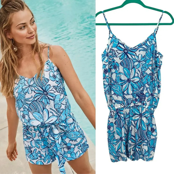 Lilly Pulitzer‎ Deanna Succulent Blue Pop Up Coronado Crab Romper Size Small - Picture 1 of 12